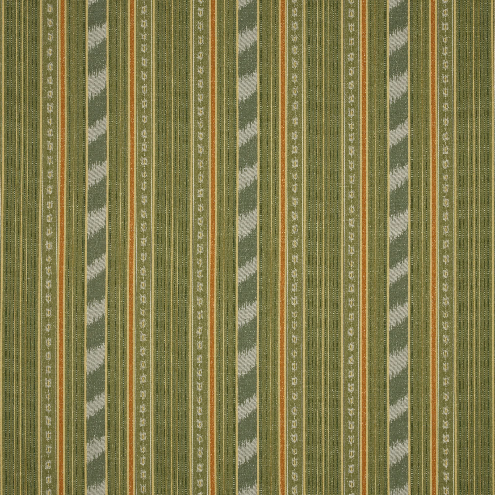 Green striped fabric swatch with stepped pale motifs and narrow warm accent lines