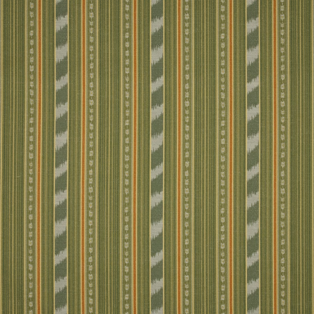 Green striped fabric swatch with stepped pale motifs and narrow warm accent lines