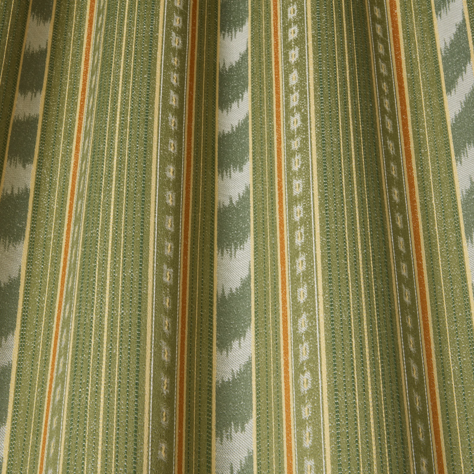 Elm green striped fabric with sage leaf motifs and slim ochre accents