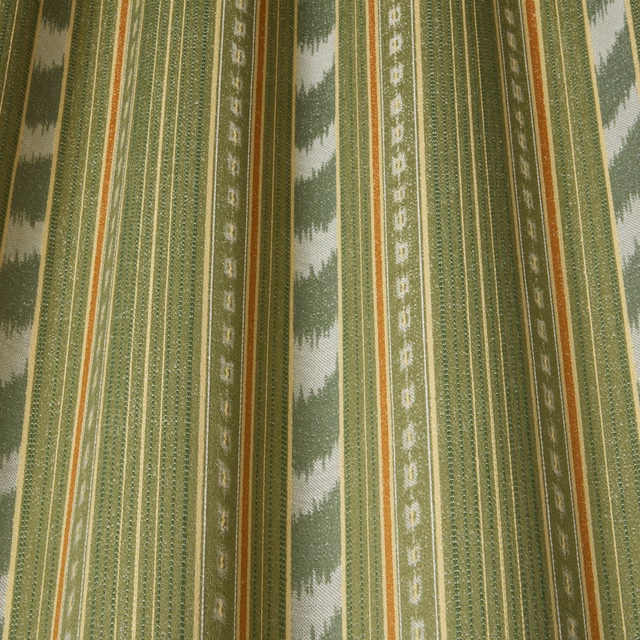Elm green striped fabric with sage leaf motifs and slim ochre accents
