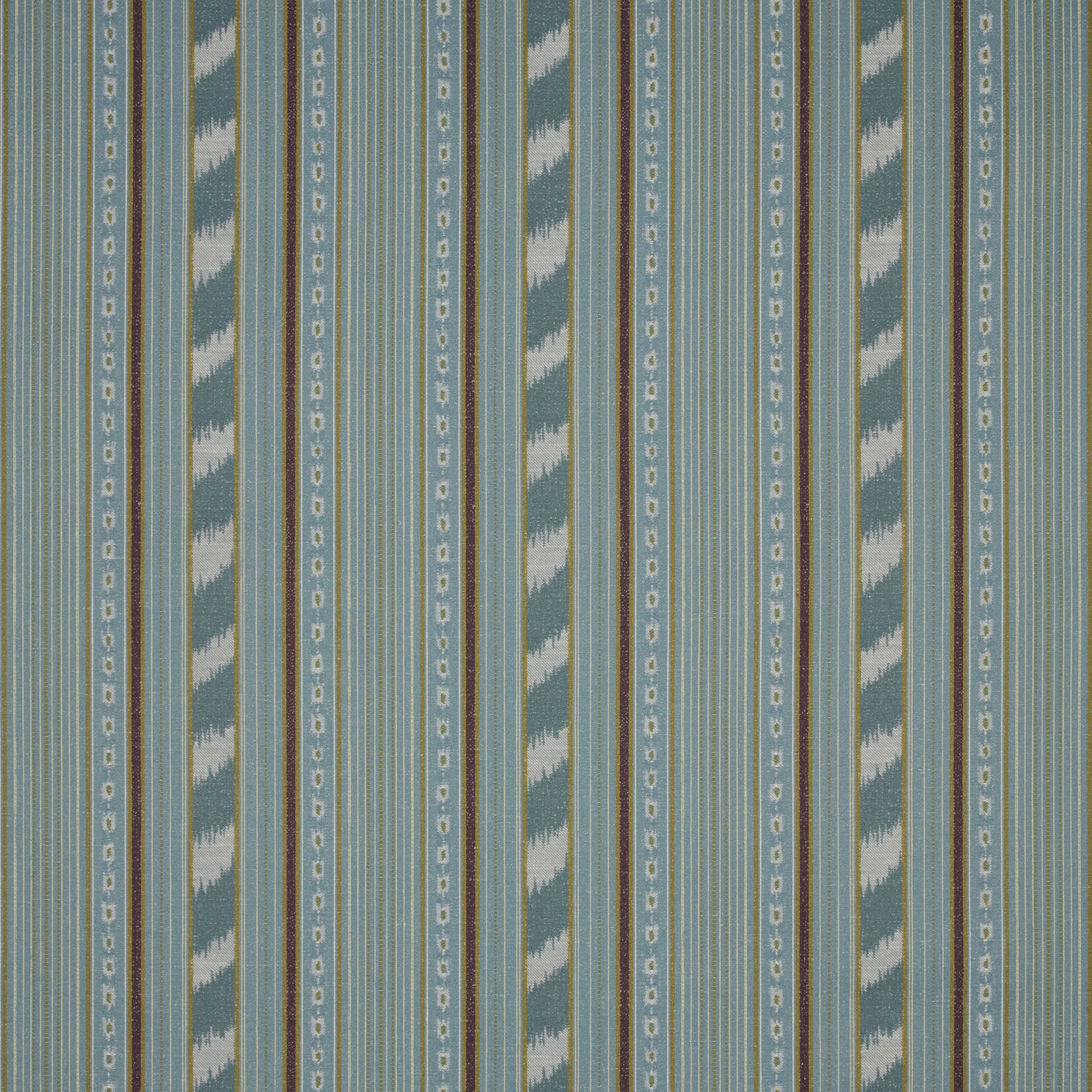 Teal striped fabric swatch with narrow zigzag and dotted vertical bands