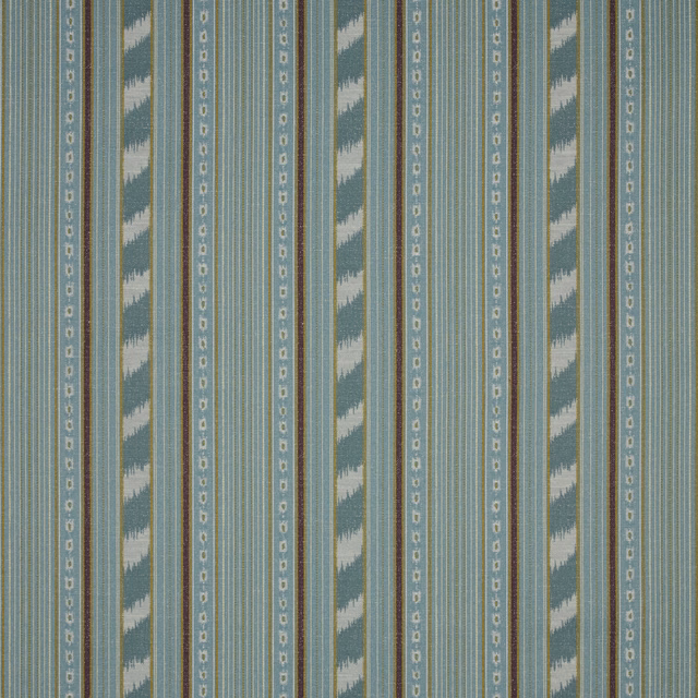 Teal striped fabric swatch with narrow zigzag and dotted vertical bands