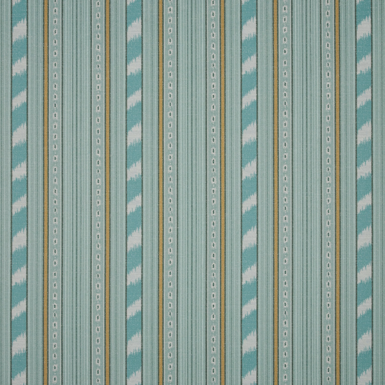 Vertical jade teal striped fabric with pale zigzag bands and fine pinstripes