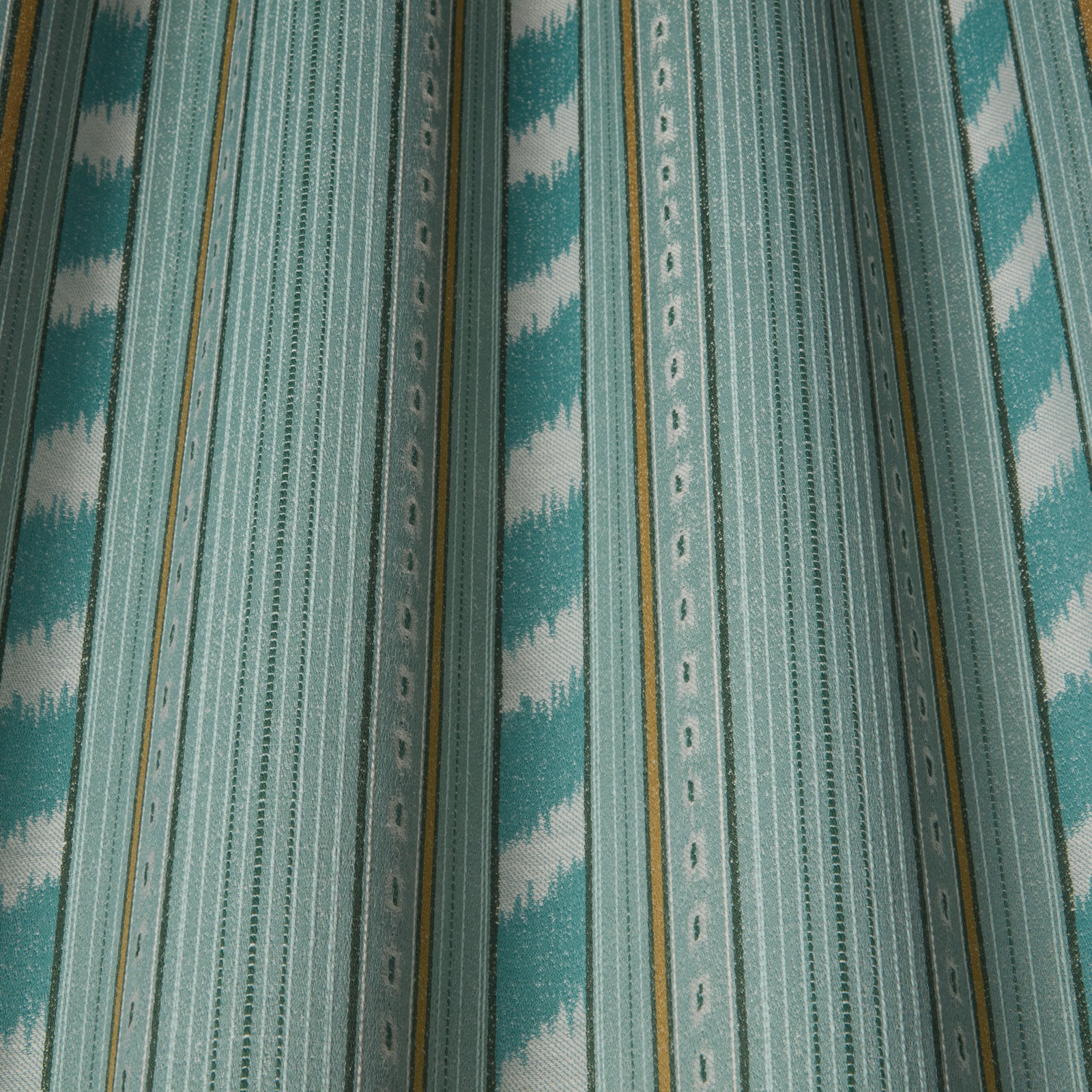 Vertical jade and seafoam striped fabric with zigzag bands and slim gold lines