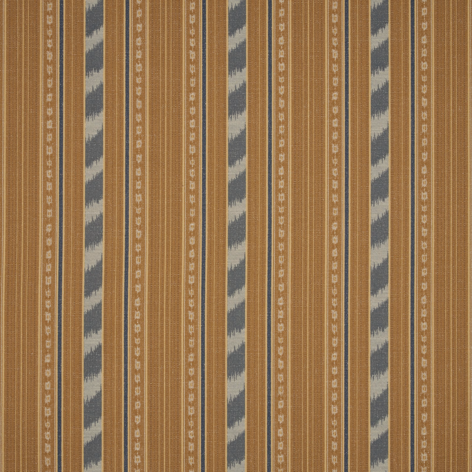 Russet striped woven fabric with cream and blue-grey geometric bands