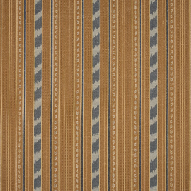 Russet striped woven fabric with cream and blue-grey geometric bands