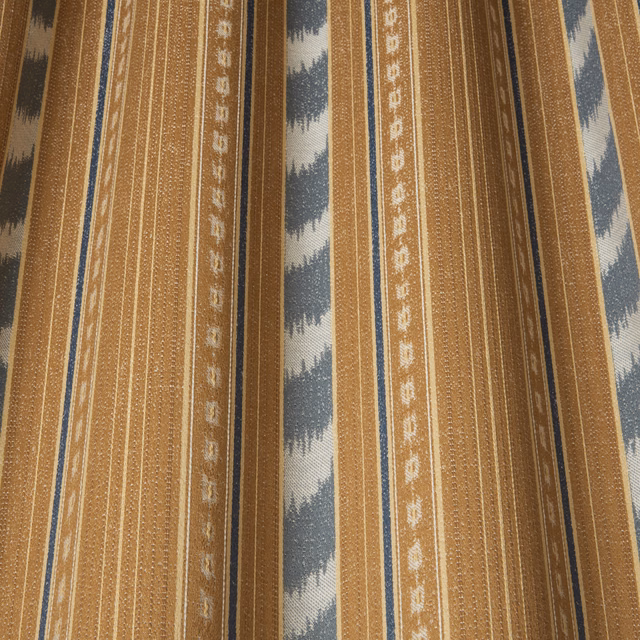Russet striped woven fabric with slate-blue zigzag motifs and cream bands