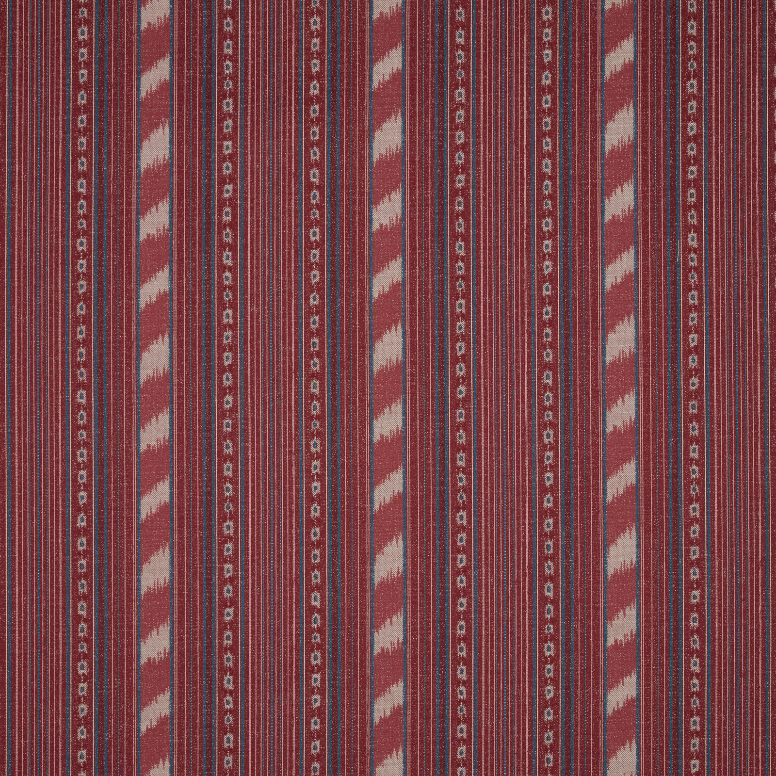 Vertical berry-red striped fabric with pale diagonal bands and fine woven texture