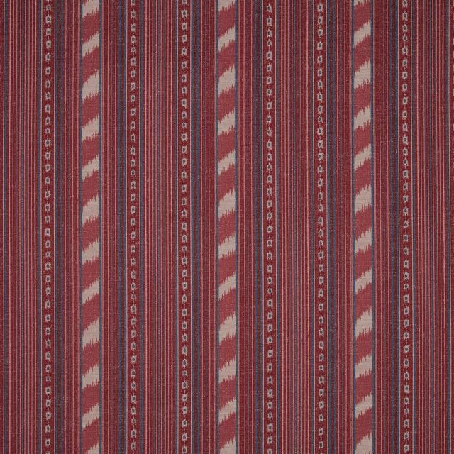 Vertical berry-red striped fabric with pale diagonal bands and fine woven texture