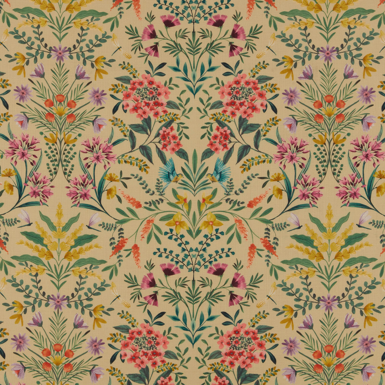 Cream botanical fabric with mirrored pink, teal and yellow floral sprays