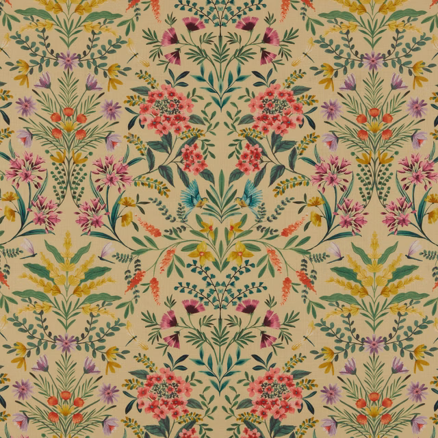Cream botanical fabric with mirrored pink, teal and yellow floral sprays