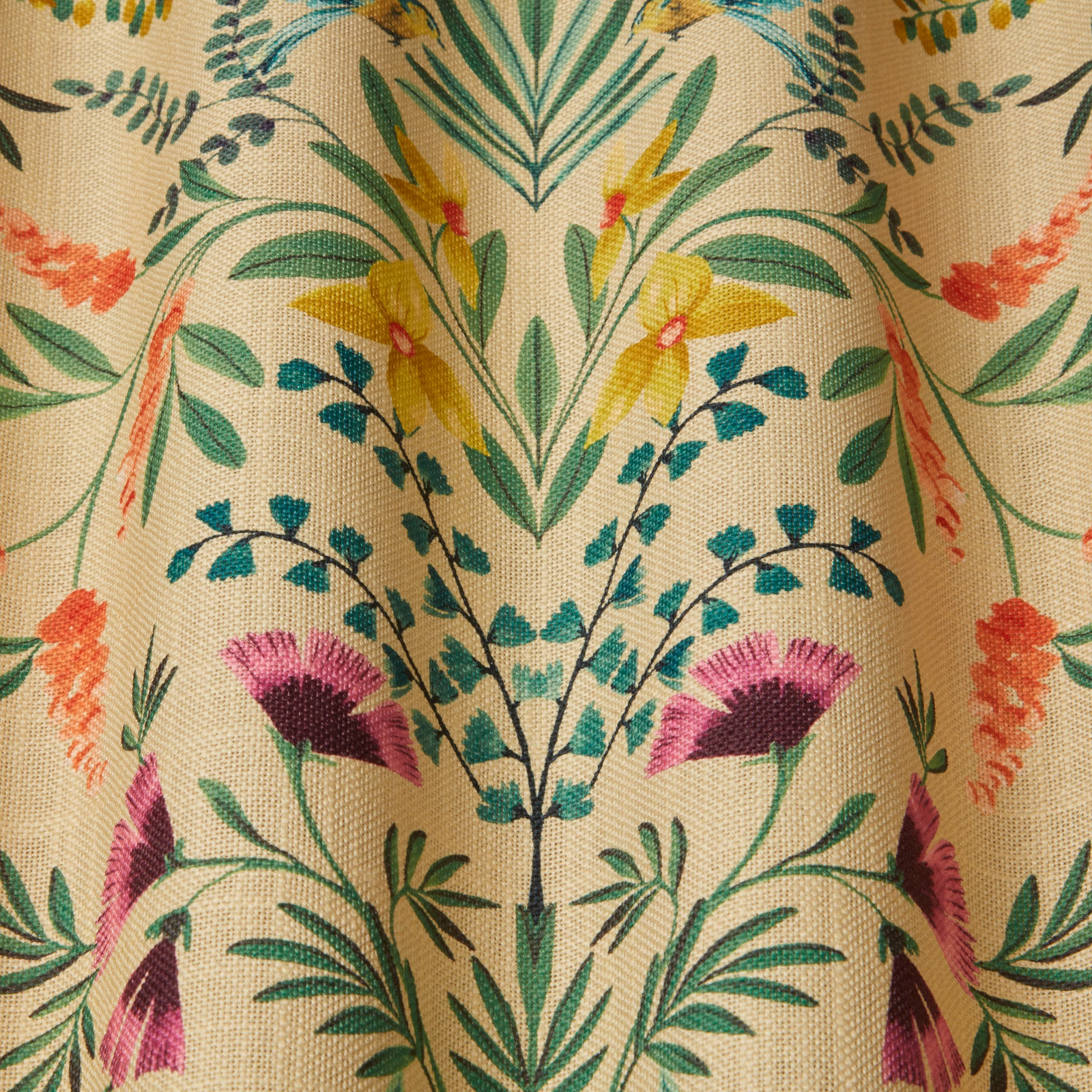 Beige woven fabric swatch with mirrored botanical stems in green, teal, yellow and pink