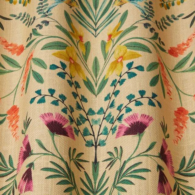 Beige woven fabric swatch with mirrored botanical stems in green, teal, yellow and pink
