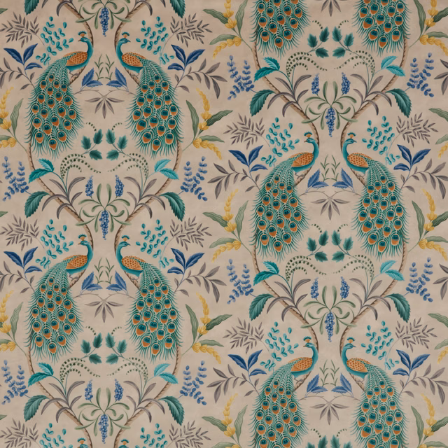 Large peacock and floral repeat on a soft cream fabric ground with teal, blue and ochre accents