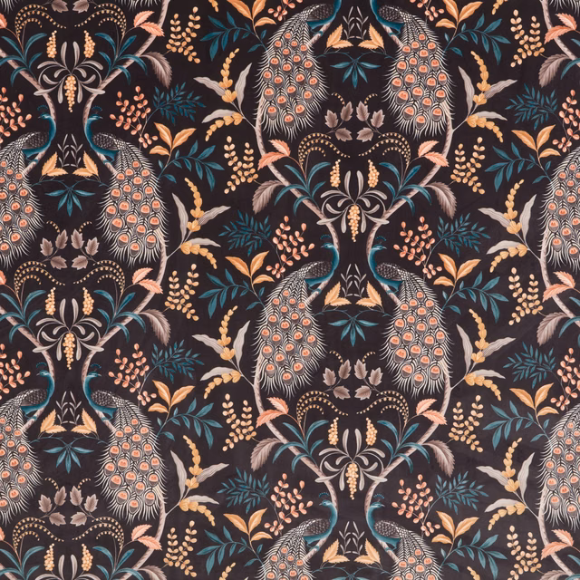Dark botanical peacock print on black ground with teal, coral and gold details