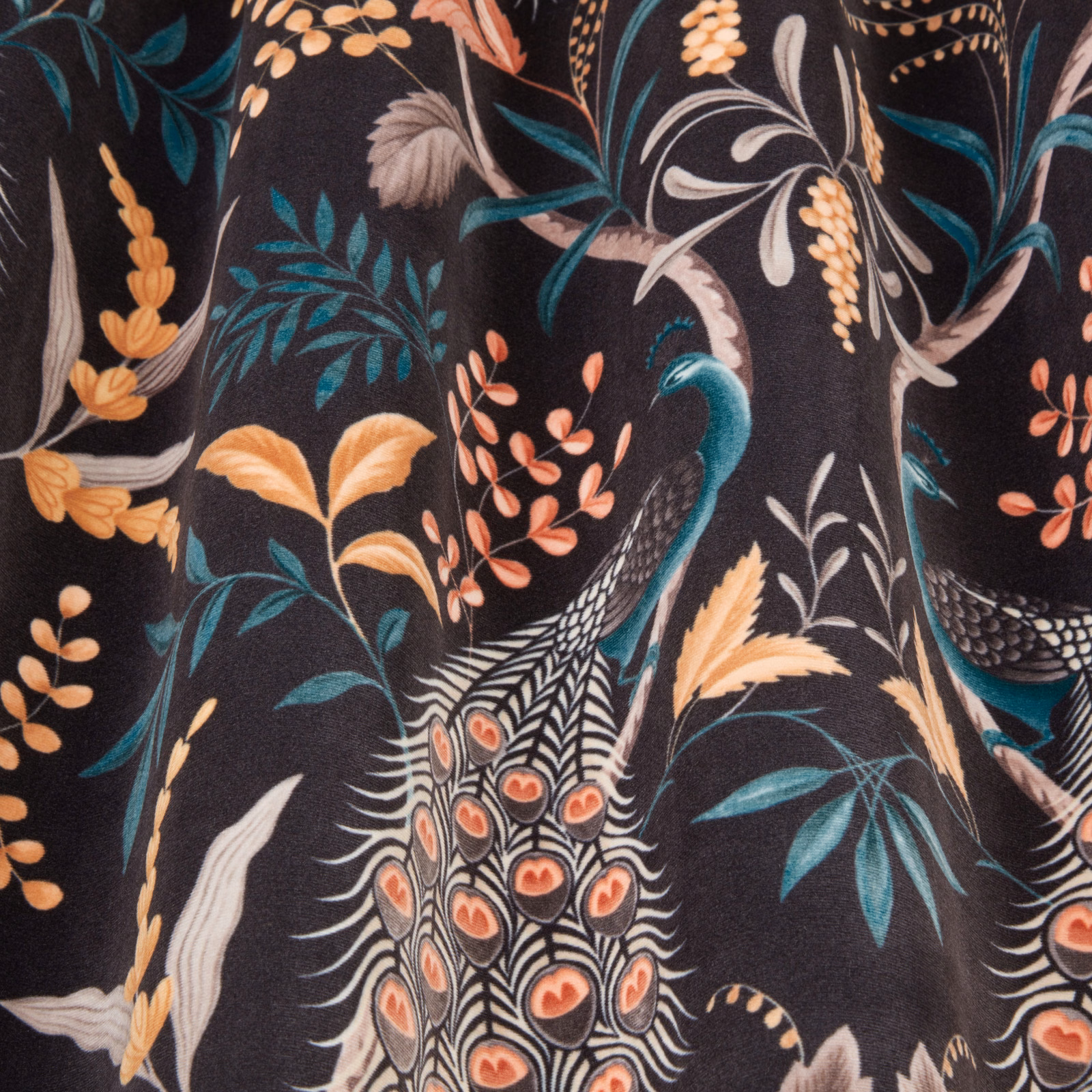 Black botanical fabric swatch with teal, coral, gold and ivory bird motifs