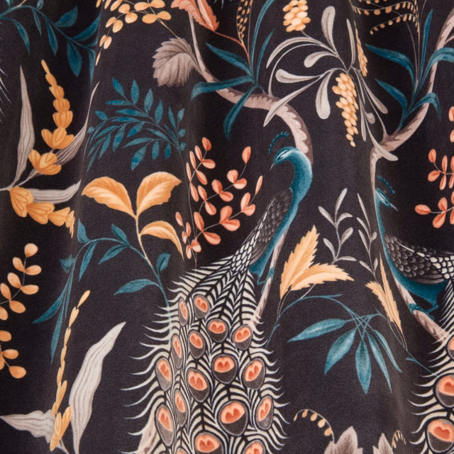 Black botanical fabric swatch with teal, coral, gold and ivory bird motifs