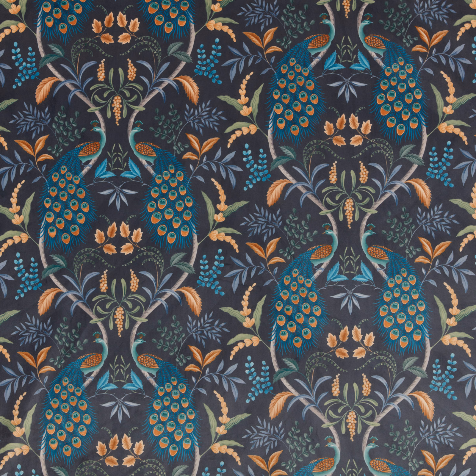 Peacock and foliage print in teal, turquoise and ochre on a deep twilight navy ground