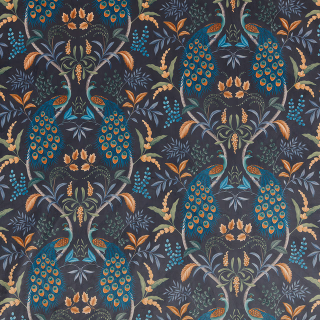 Peacock and foliage print in teal, turquoise and ochre on a deep twilight navy ground
