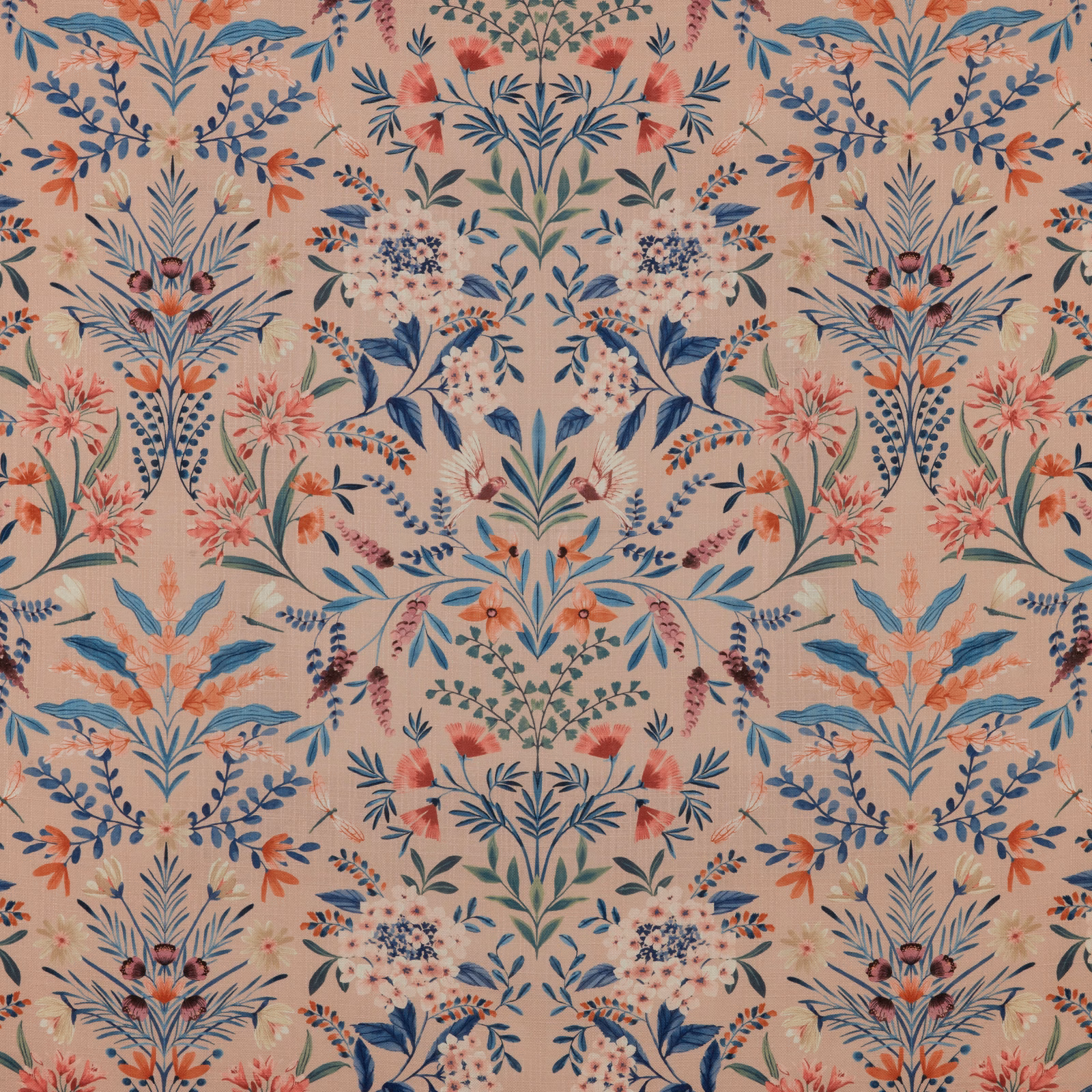 Blush pink floral fabric with coral, blue and green botanical repeat