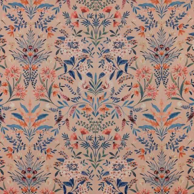 Blush pink floral fabric with coral, blue and green botanical repeat