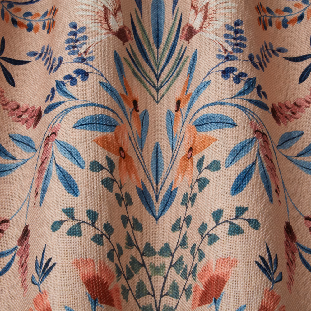 Beige woven fabric with large blue, teal and coral floral print