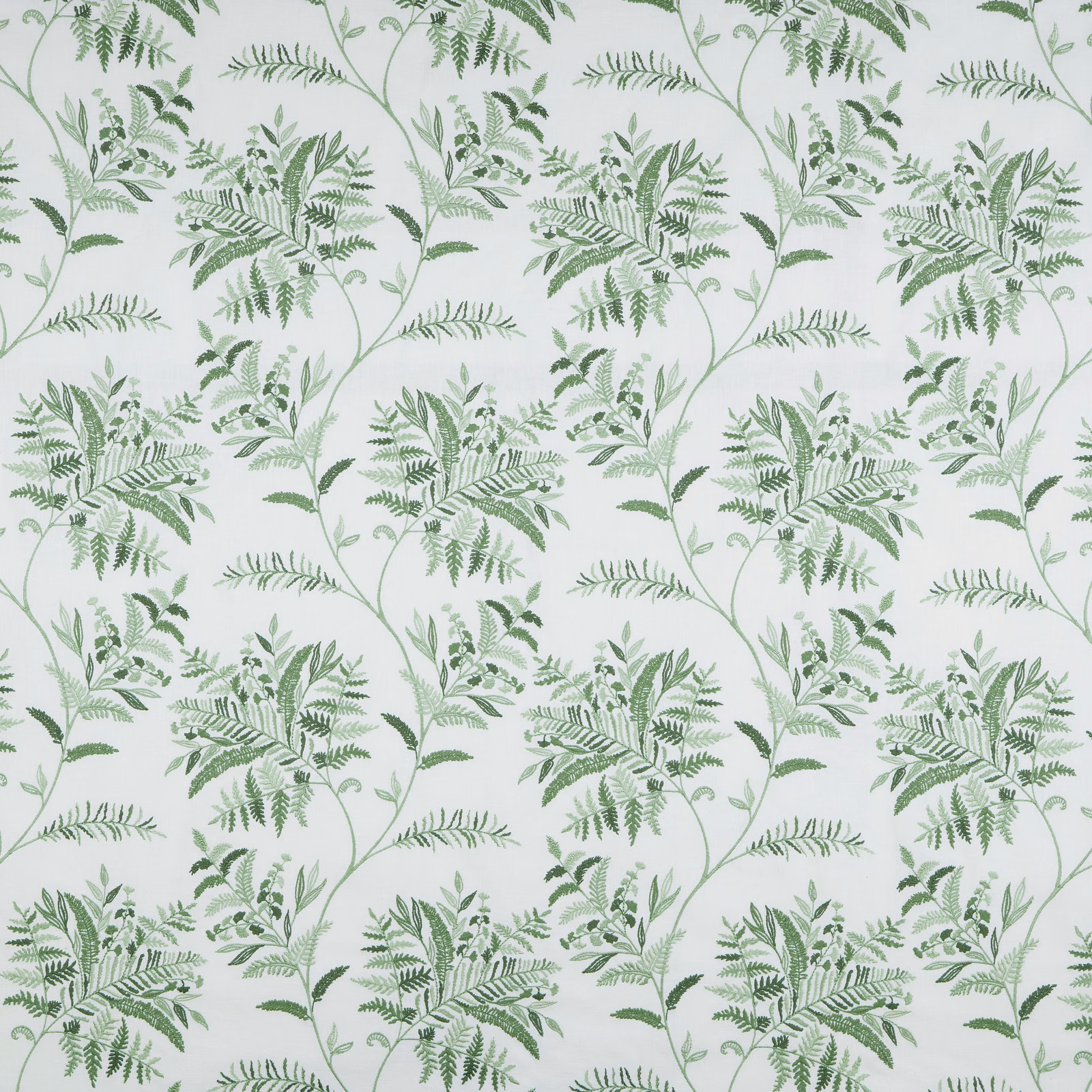 Pale ground fabric with soft green fern leaf botanical pattern