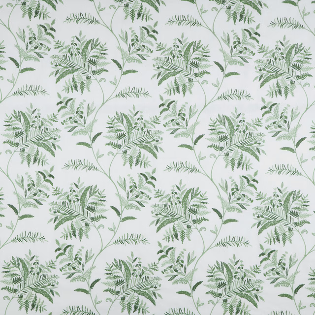 Pale ground fabric with soft green fern leaf botanical pattern