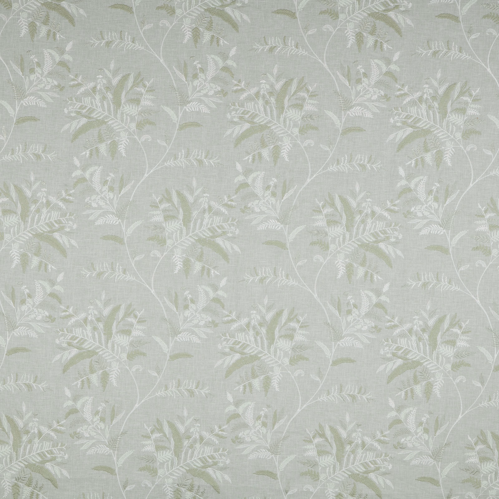 Soft sage botanical fabric with trailing fern motif and linen texture