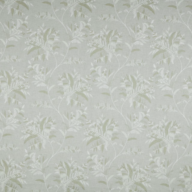 Soft sage botanical fabric with trailing fern motif and linen texture
