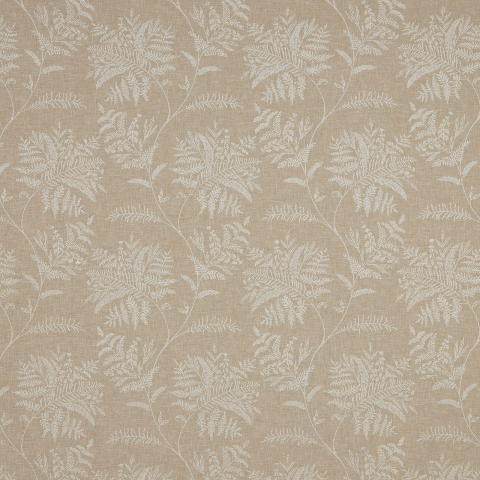 Stone beige botanical fabric with cream leafy trail and softly textured weave