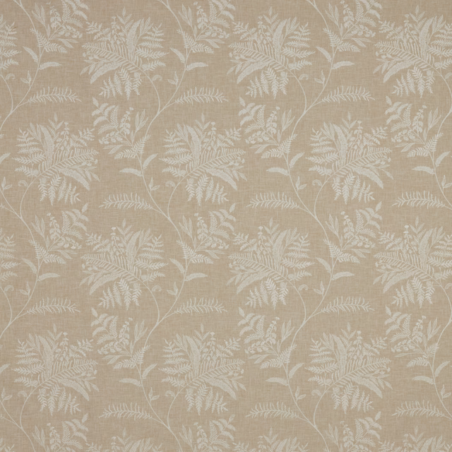 Stone beige botanical fabric with cream leafy trail and softly textured weave