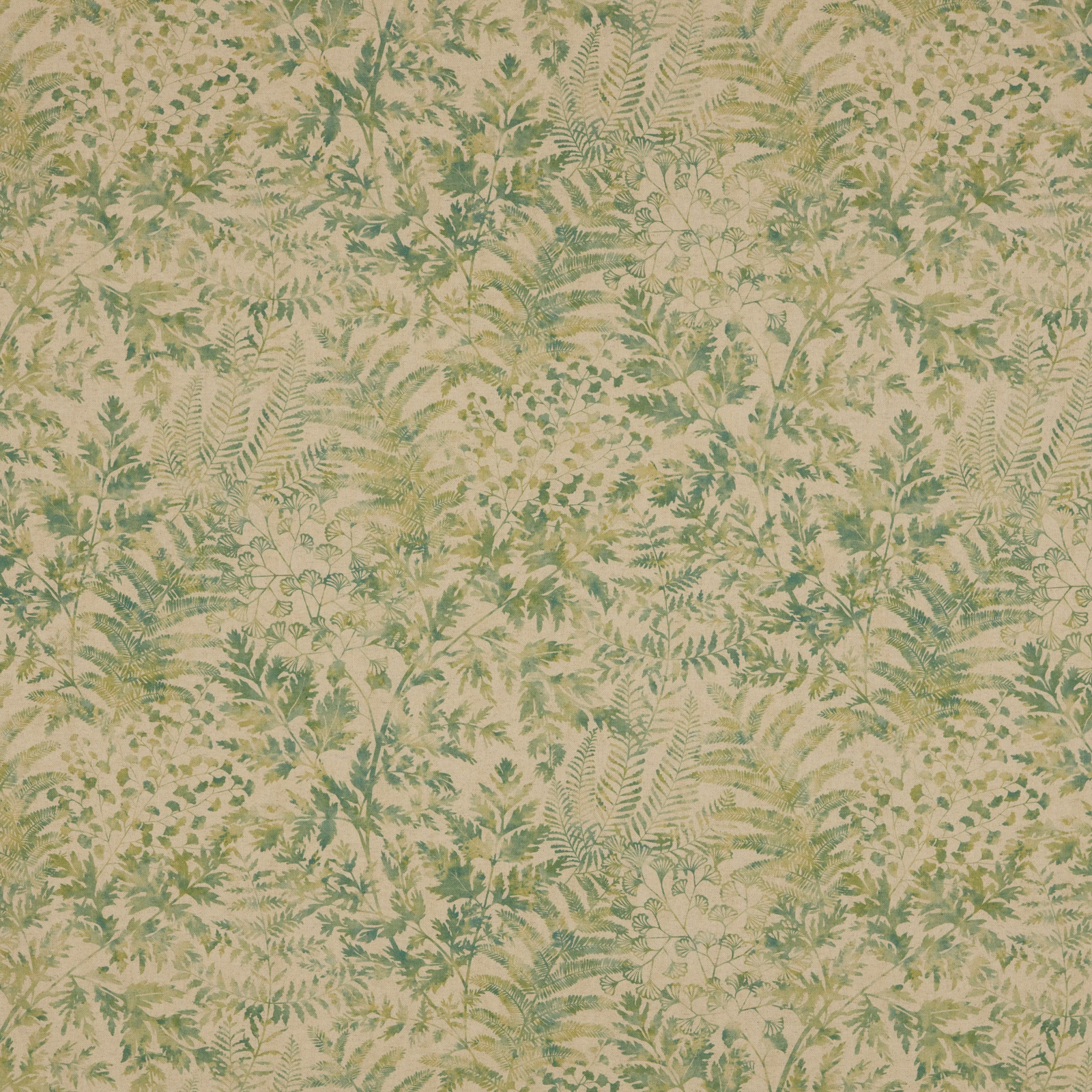 Botanical fabric swatch with soft moss green fern and leaf pattern on a pale beige ground