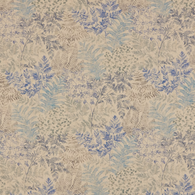 Botanical fabric swatch in soft Delft blue and sage on an ivory ground