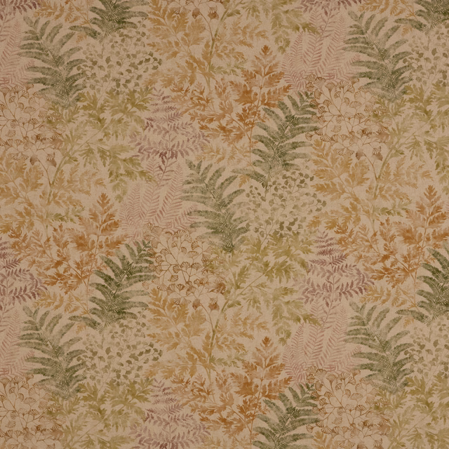 Woodland botanical fabric with layered fern and leaf motifs in sage, ochre and soft terracotta