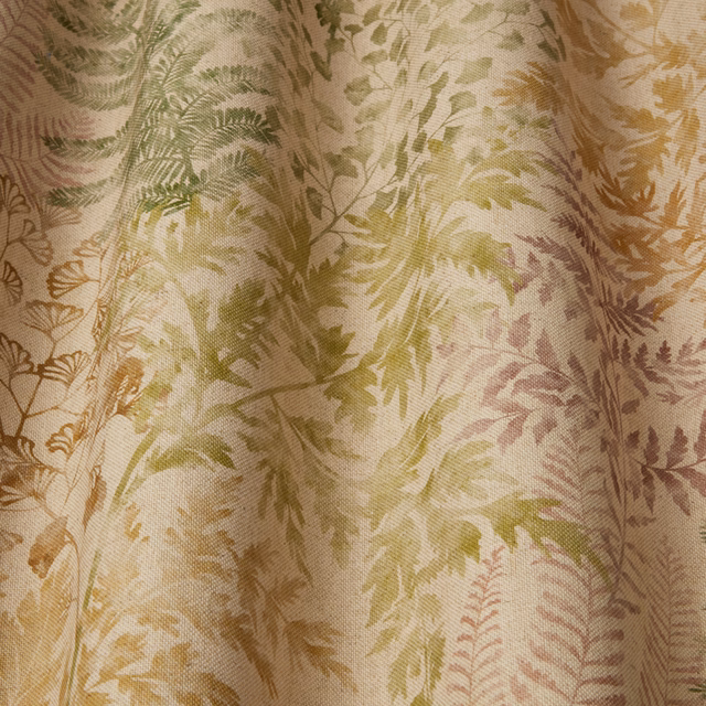 Large botanical fabric with soft beige ground, moss leaves and muted plum accents