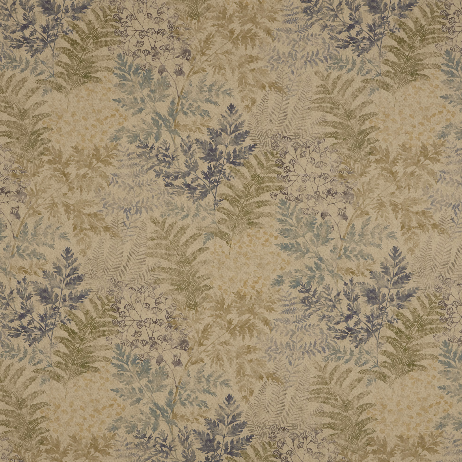 Cream botanical fabric with muted sage, blue and khaki fern motifs