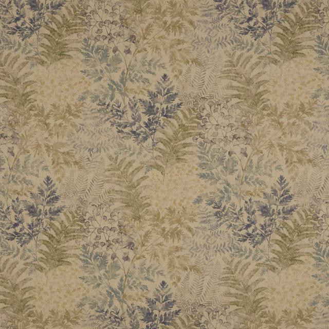 Cream botanical fabric with muted sage, blue and khaki fern motifs