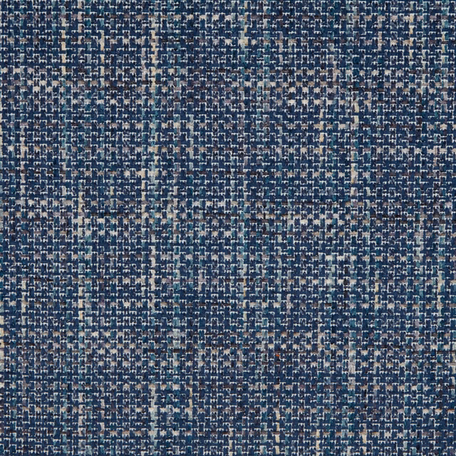 Close-up of a blue-teal woven check fabric with small speckled texture