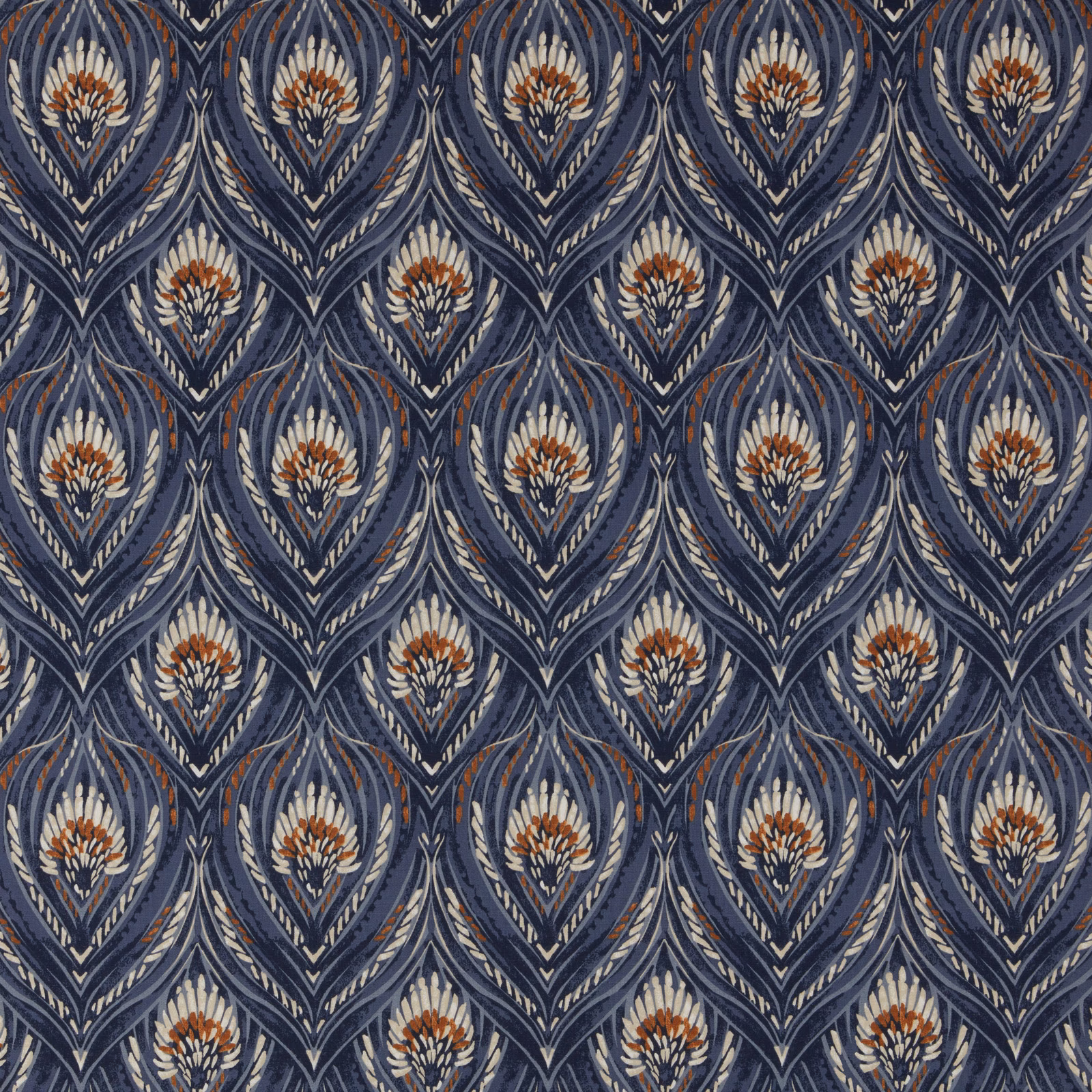 Blue botanical teardrop pattern with ivory and rust detail on a dark ground
