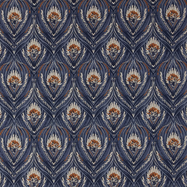 Blue botanical teardrop pattern with ivory and rust detail on a dark ground