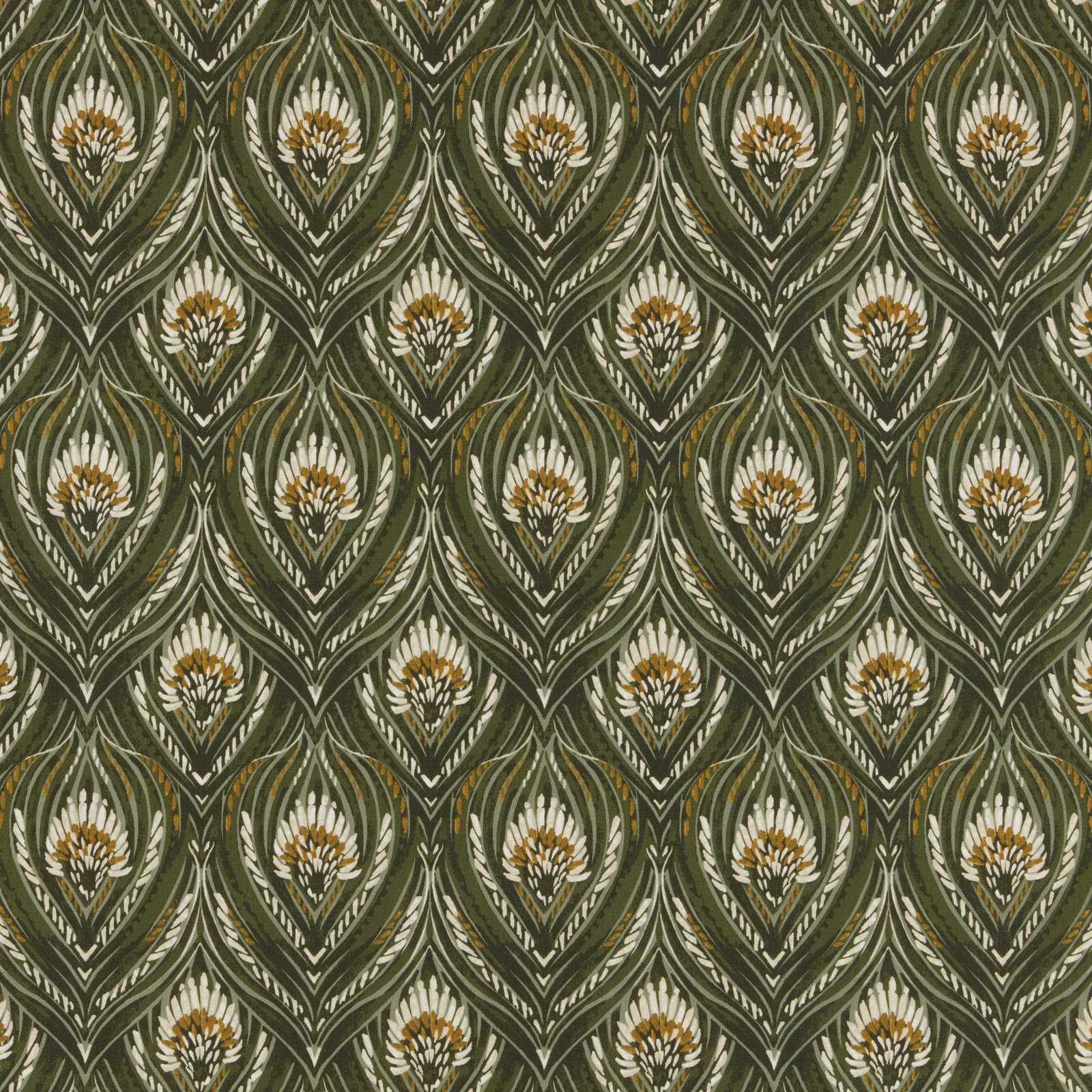 Moss green patterned fabric with ivory teardrop motifs and ochre centres