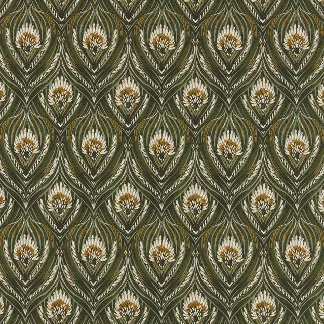 Moss green patterned fabric with ivory teardrop motifs and ochre centres