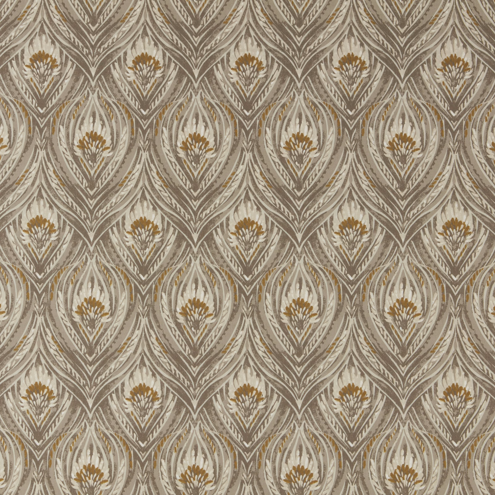 Opal beige fabric with repeating leaf motif and warm gold detailing