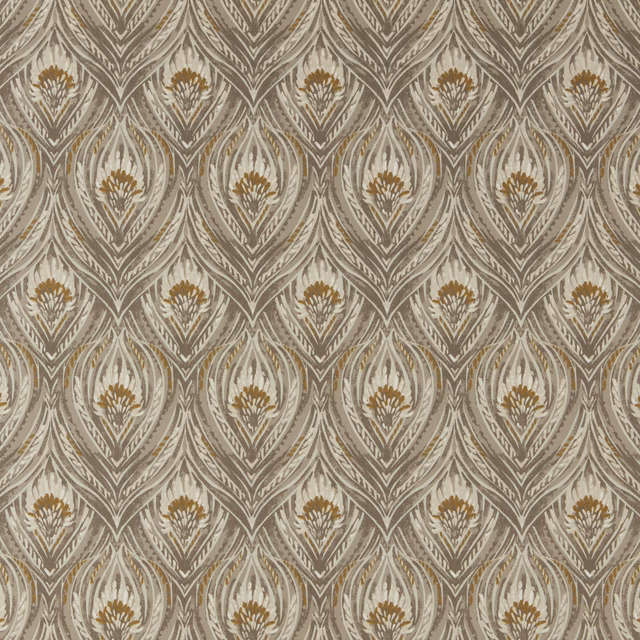 Opal beige fabric with repeating leaf motif and warm gold detailing