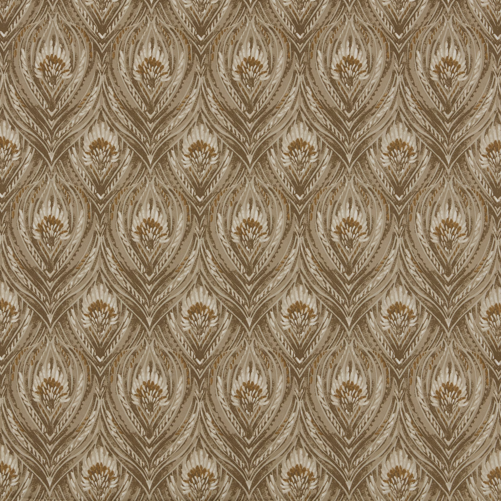Taupe and ivory teardrop pattern fabric with warm brown outlines and woven sheen