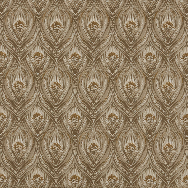 Taupe and ivory teardrop pattern fabric with warm brown outlines and woven sheen