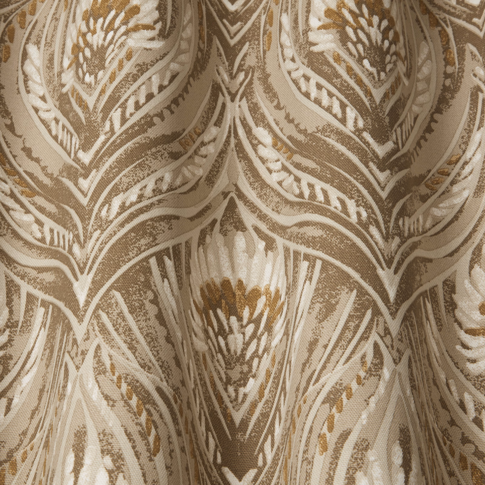 Close-up of a bronze taupe wavy leaf pattern with ivory highlights on woven fabric