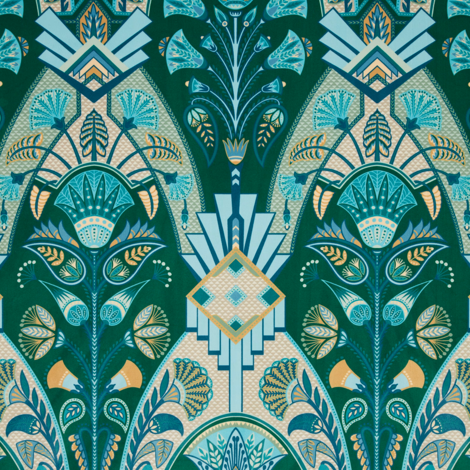 Emerald and aqua Art Deco patterned fabric swatch with gold accents