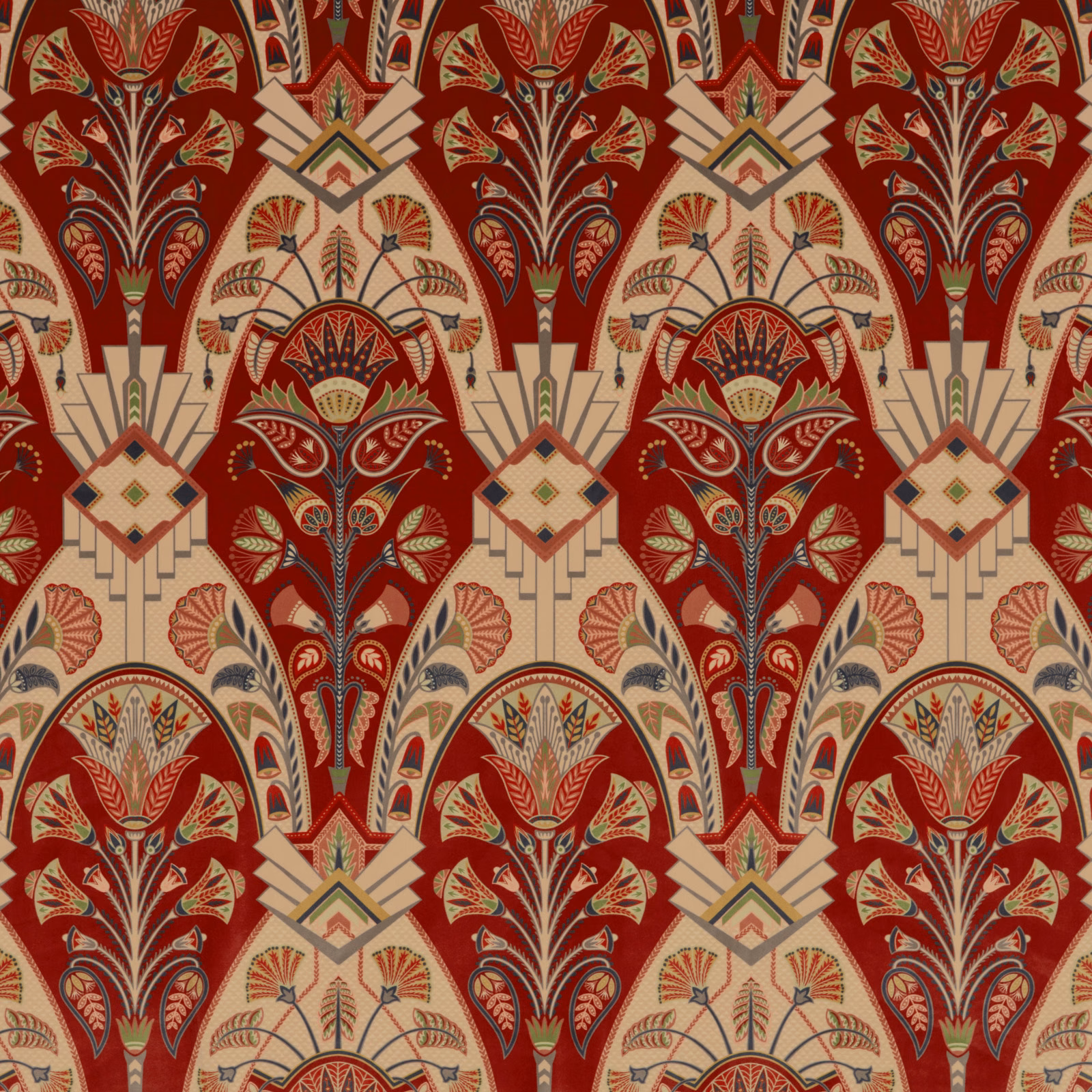 Large-scale red and cream damask-style fabric with botanical motifs and repeating arches
